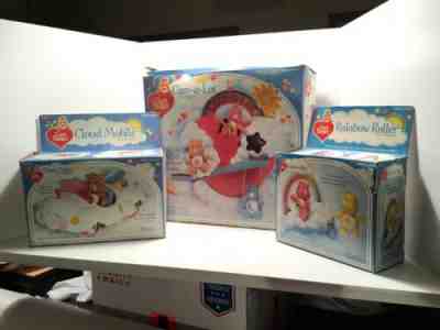 1983 Care Bears Care A Lot Playset, Cloud Mobile, Rainbow Roller, Figures Boxes!