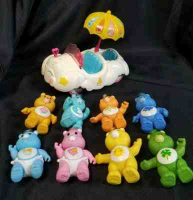 Vintage lot of CARE BEARS figures with Cloud Car 1983 Kenner umbrella