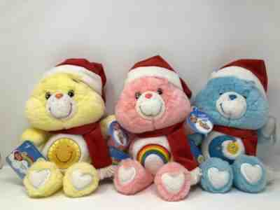 2002 Care Bears Happy Holidays Christmas Santa FUNSHINE, CHEER, BEDTIME 13”