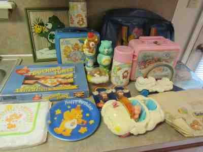 VINTAGE 1980's CARE BEARS LOT TOTE BAG LUNCHBOX CAR GAMES CROSS STITCH