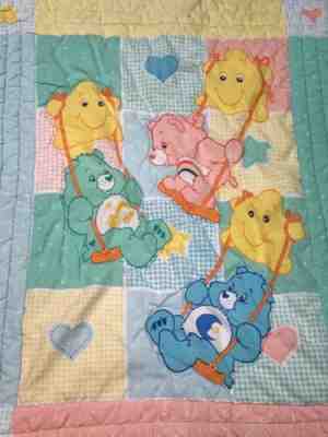 Care Bears Quilt Baby Blanket Crib Pastels Swings Stars 33x41 Blue Green Yellow