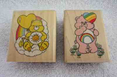 2 Vintage 1994 Care Bears Wood Back Rubber Stamps Funshine & Love-A-Lot Bears