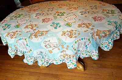 VINTAGE 1982 Carebear Tablecloth ? Bedspread Sheet Oval Ruffled Fabric AG Bear