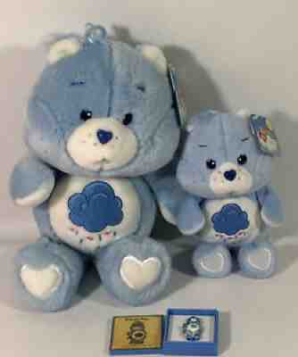 NWT Care Bears Grumpy Bear 12â? & 8â? 20th anniversary Plush & Vintage 1985 Pin