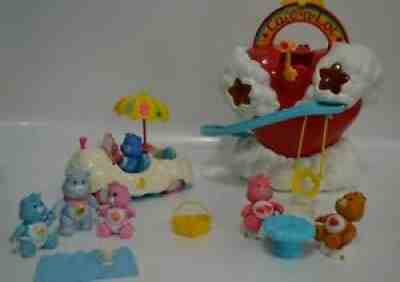 Vintage Care Bears Figures Care-A-Lot Play-Set Cloud Car 6 Figures Umbrella