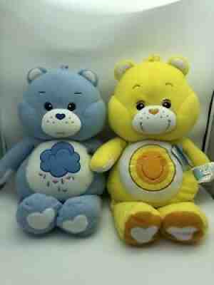 Set 2002 Care Bears Blue Cloud Rain & Yellow Sunshine Large Jumbo Pillow Plush