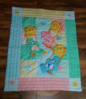 Care Bears Baby Quilt Blanket Crib Pastels Swings Sun Stars Blue Green Yellow