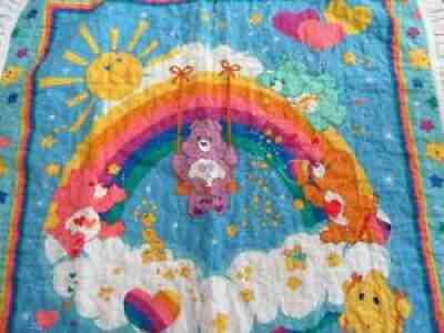Vintage CARE BEAR Rainbow Trail Baby Crib QUILT Nursery blanket 36x44 EXCELLENT
