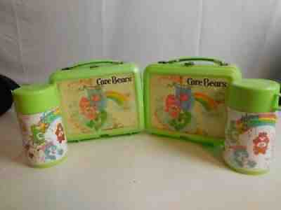 E3 Vtg 1983 Green Plastic Care Bears Lot of 2 Lunchbox Matching Thermos Aladdin