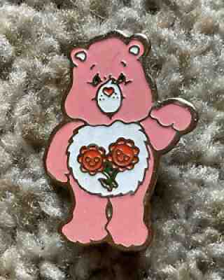 Vintage Friend Bear Enamel Pin Pink Flowers 1983 AGC H Eldon Care Bears Pinback