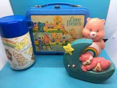 Vintage 80's Care Bears bank, lunch box w thermos Cheer Bear SoakieÂ