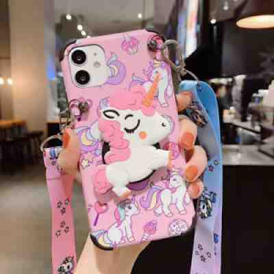 3D cartoon Cute rainbow pink unicorn stand holder with lanyard case for iphone
