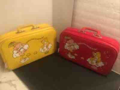 Vintage Lot 2 Care Bears Red & Yellow Suitcases 1980s 1983 Used 12 x 15
