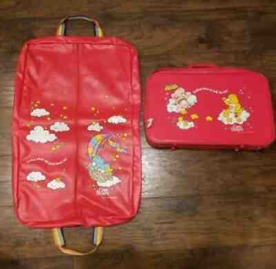 Vintage Care Bears Red Vinyl Suitcase & Garment Bag American Greetings Corp