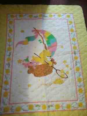 Vintage 80's Care Bear Crib Quilt Blanket panel Yellow Funshine Bear NEW