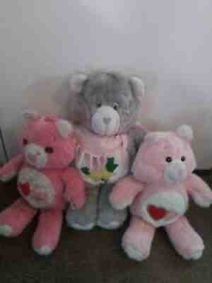 Handmade care bears, set of 3 Grandma Bear two pink bears with hearts yarn