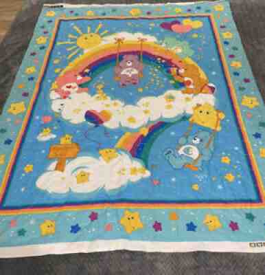 Vintage CARE BEAR Rainbow Trail Baby Crib QUILT Nursery blanket 35x45