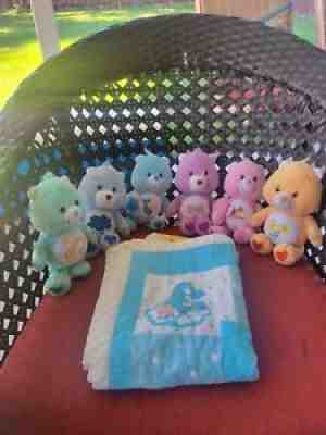 2002 Care Bear plush lot of 6 plus blanket in fair pre owned condition A5