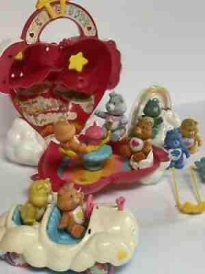 vintage care bears care a lot, 9 figures, Cloud Mobile and Rainbow Roller Car