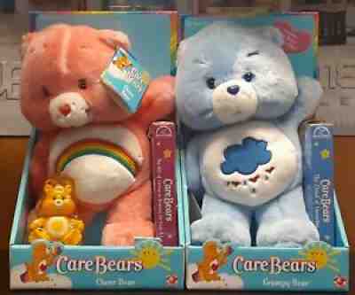 2002 Care Bear Grumpy Bear & Cheer Bear with Original Box & Sealed VHS Lot