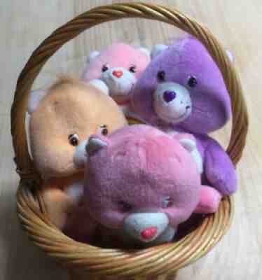 Four 2002 Care Bears Share Bear Plush Stuffed Animals In Basket.