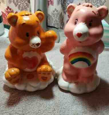 Lot 2 Vintage Care Bears Ceramic Coin Piggy Bank Cheer Bear Rainbow Collectible