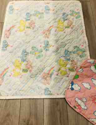 2 Vintage Care Bears Baby Crib Blankets Quilted 1980s White Pink Toddler Infant