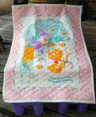 Vintage 80s Care Bears Cousins pink baby blanket crib quilt Playful Heart Monkey