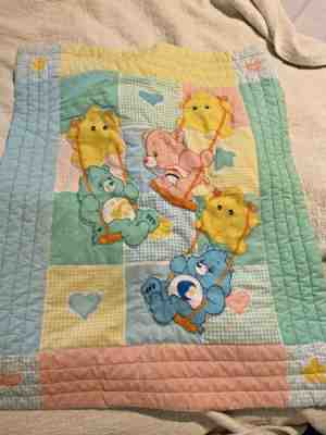 Care Bears Baby Quilt Blanket Crib Pastels Swings Sun Stars Blue Green Yellow