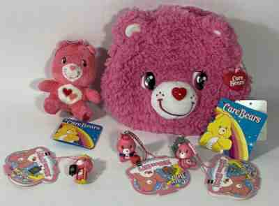 NWT Care Bears 5 Piece Lot Love A Lot Bear Plush Keychain , Pouch & Cell Charms