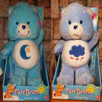 2002 Care Bears Bedtime & Grumpy Bear Plush 13 Inches Box/Tags No VHS - Free S&H