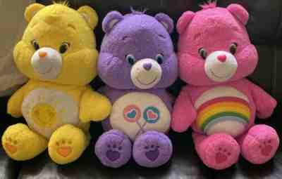 Care Bears Share Cheer Funshine Bears 20â? Large Plush Purple Pink & Yellow Lot