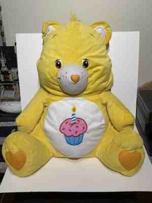 Used Retired RARE Yellow Jumbo Birthday Care Bear Plush 20th Anniversary 26/28