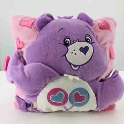 Care Bears Lavender Share Bear Pink Pillow Plush 3D Lollypop Hearts Tummy 14