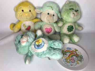 Vintage Care Bear Plush Lot Good Luck Cousin Lamb Lion + Plate 1984 1990 2004