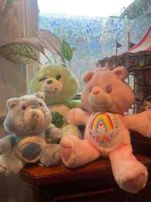3 Vintage Care Bears from 1983 and 1991, Grumpy Bear, Lucky Bear, and Cheer Bear