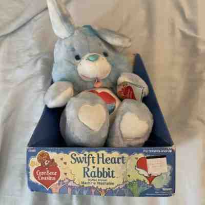 Vintage 1984 CARE BEARS Plush Swift Heart Rabbit in Original Box Blue Pink Heart