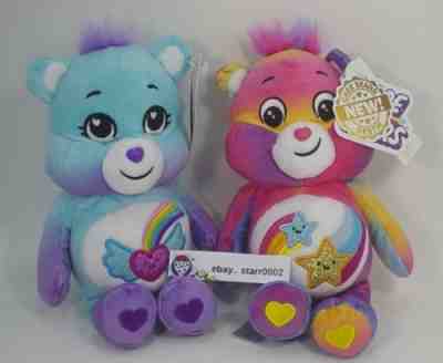 Care Bears 9" Lot Dare To Care Bear & Dream Bright Glitter Belly Eyes 2022 NWT