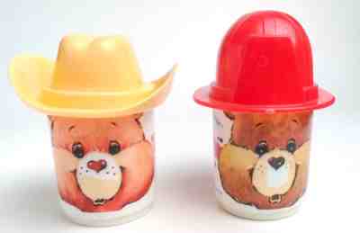 1980's Vintage Carebear cups with hats Tenderheart & Friend bear CARE BEARS