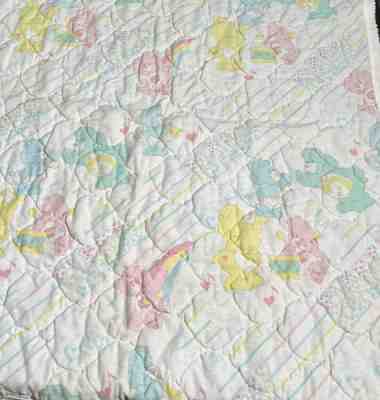 Vintage Care Bears Baby Crib Blanket Quilted 1980s White Pink Toddler Infant