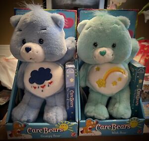 NEW NRFB 2003 Care Bears 12” Plush WISH BEAR and 2002 GRUMPY BEAR with VHS