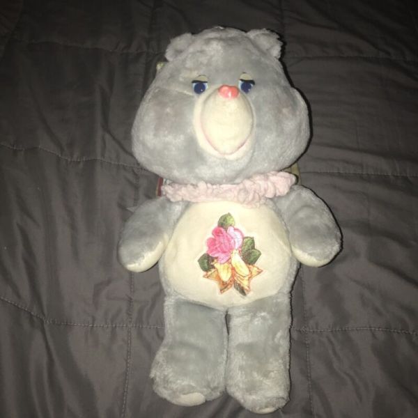 Kenner Care Bears 1983 Grams Bear Grandma Gray Plush Rose & Scarf 15”