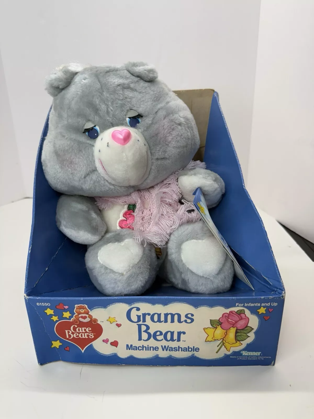 Vintage Care Bears Grams Bear With Box 1984 Kenner Grey Plush Flowers Embroidery