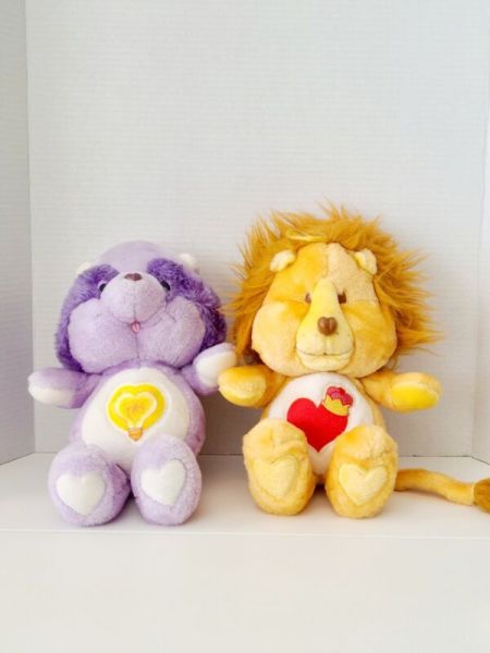 Vintage 2 Care Bear Cousins BRAVE HEART Lion & BRIGHT HEART Raccoon Plush Kenner