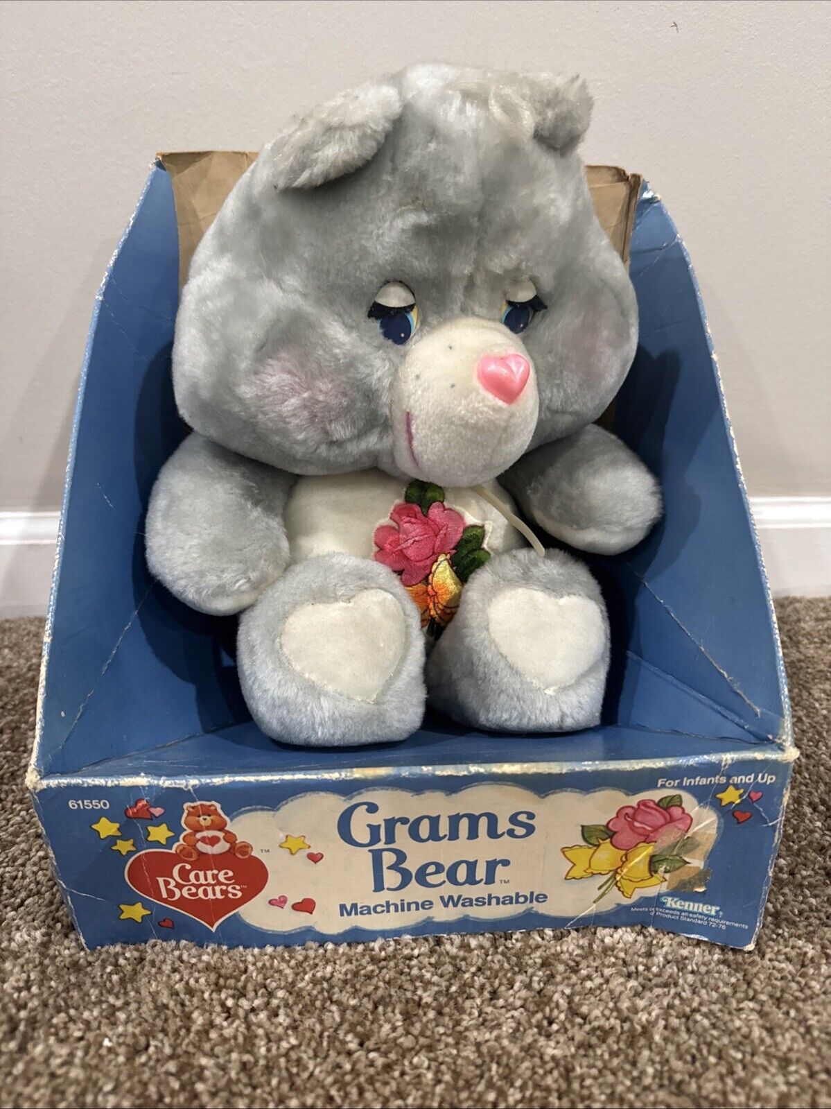 Vintage Care Bears Grams Bear With Box 1984 Kenner Grey Plush Flowers Embroidery