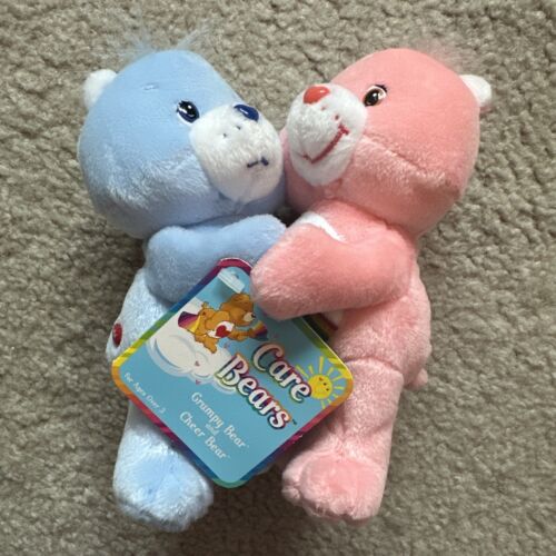 Vintage 2002 Care Bears 7” Cuddle Pair Hold Hands Grumpy & Cheer Blue Pink NWT!