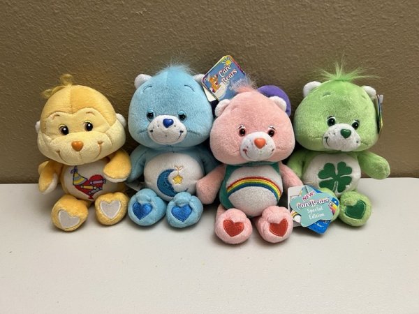 Lot of 4 TCFC Care Bears 2002-05 Bedtime, Cheer, Good Luck, Playful 8" w/Tags)
