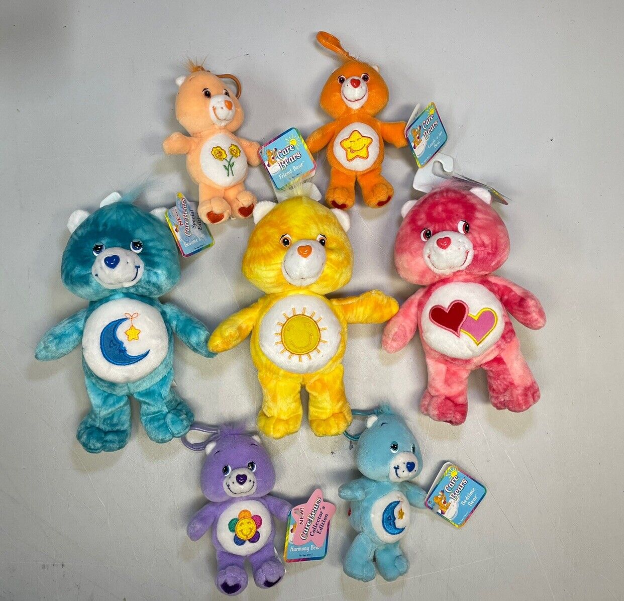 2003 Care Bears Special Edition, Series 1 Tie Dye Pink 8” Bears And 5” Clips Lot