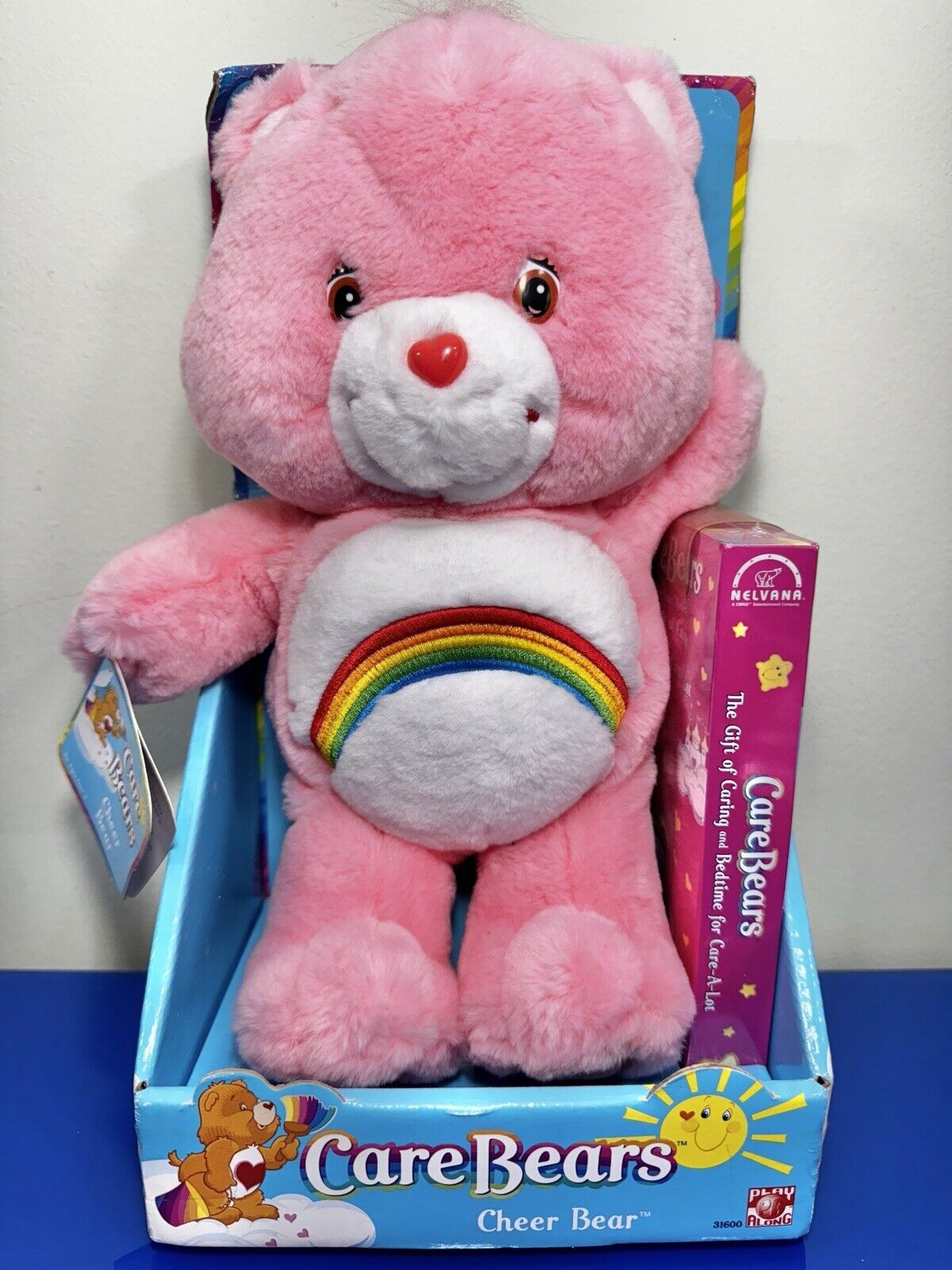 Care Bears 2002 CHEER BEAR Plush Rainbow Pink With Sealed VHS Play Along