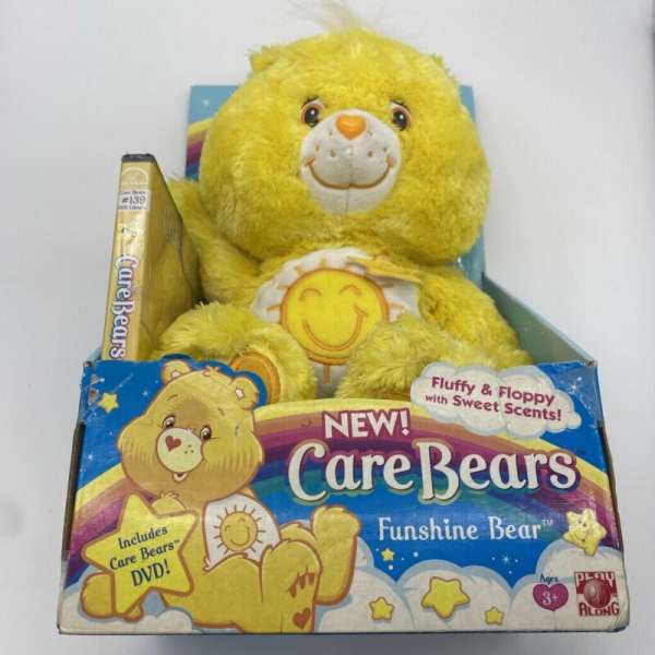 2006 Care Bears Fluffy & Floppy 12” Plush Funshine Bear W/DVD In Package